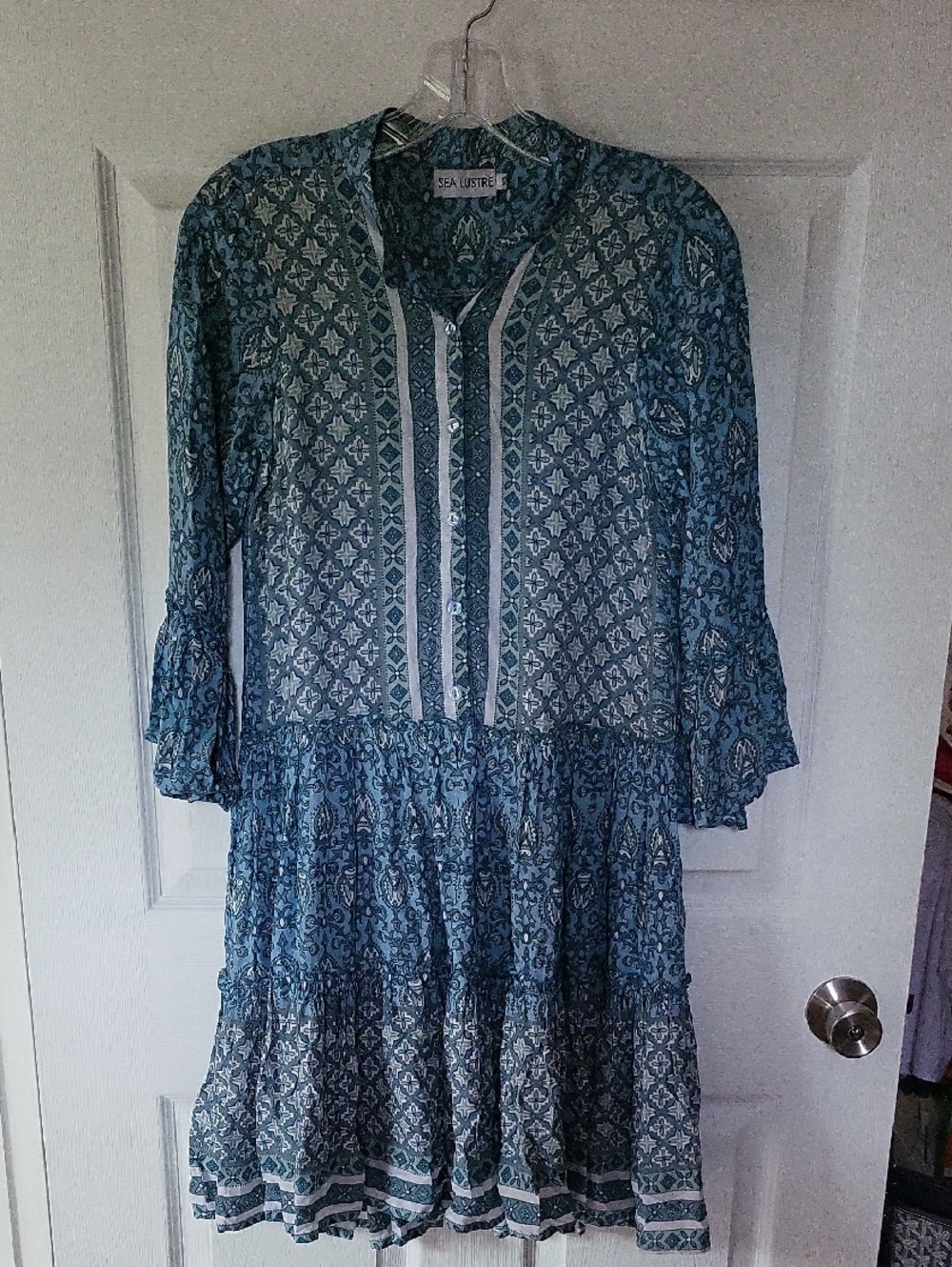 Sea Ustrete Blue Patterned Tiered Long-Sleeve Midi Dress